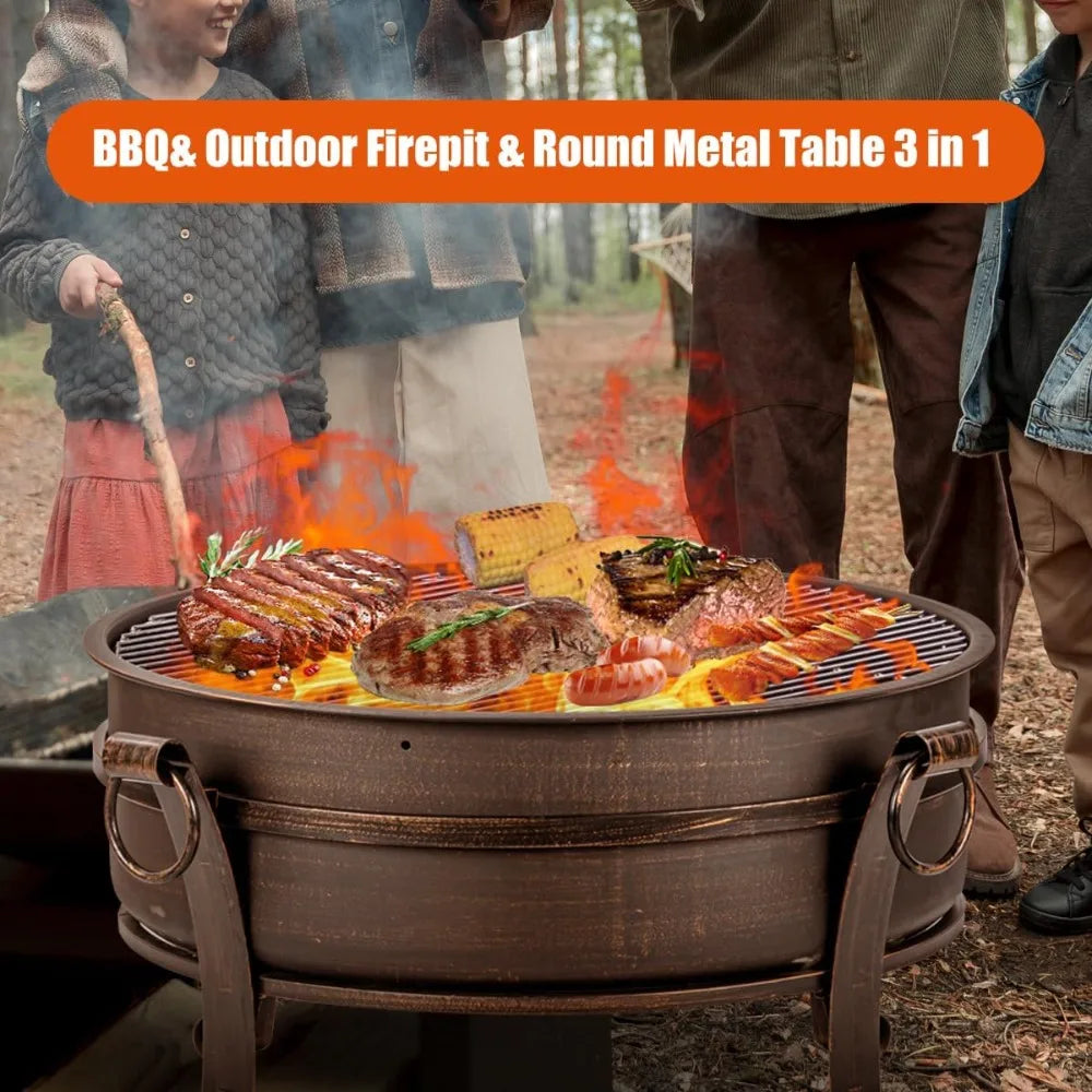 36 Inch Fire Pit with Grill & Lid, Fireplace & Round Table & BBQ 3 in 1