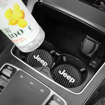 2Pcs  Carbon Leather Water Cup Pad Anti-noise Coaster Mat For Jeep