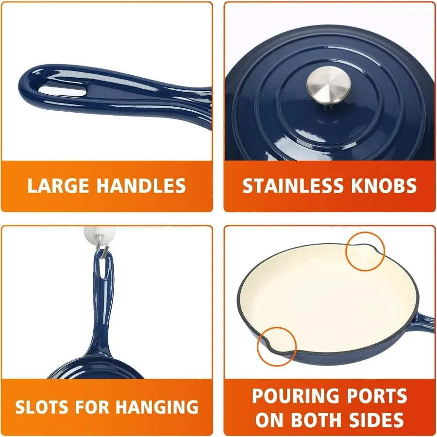 Enameled Cast Iron Cookware Set - 7 Piece Set of Dutch Ovens, Sauce Pan, Skillet, 3 Lids, Dutch Oven Set, Ceramic Coated