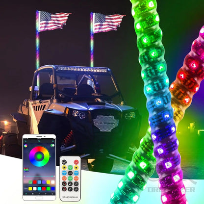 3FT LED Whip Light With App Remote Control Spiral  Whip Light for UTV ATV  Offroad Truck
