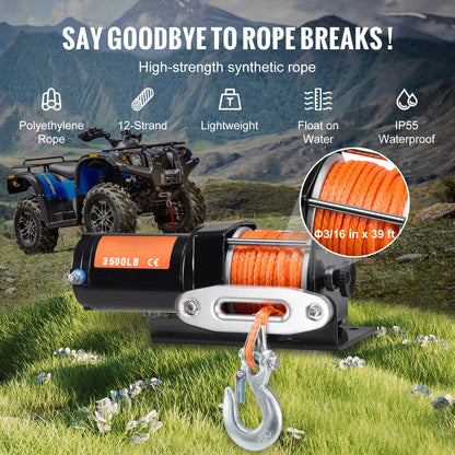 3500lbs Electric Winch ATV/UTV  Winch with 39 ft Synthetic Rope