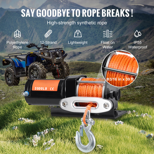 3500lbs Electric Winch ATV/UTV  Winch with 39 ft Synthetic Rope