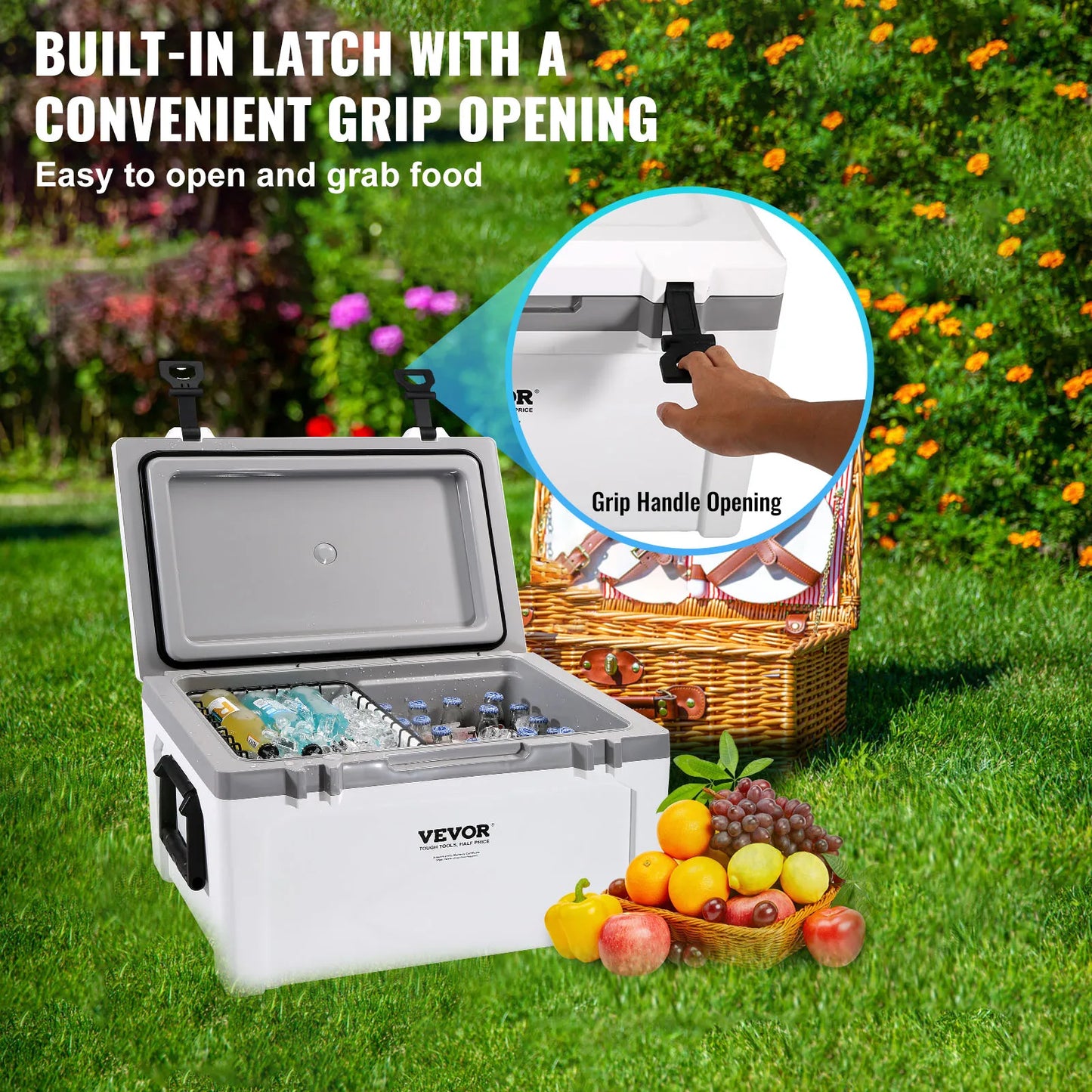 25/33/45/52QT Portable Hard Cooler Fully Insulated Ice Chest Cooling Box Goods Basket