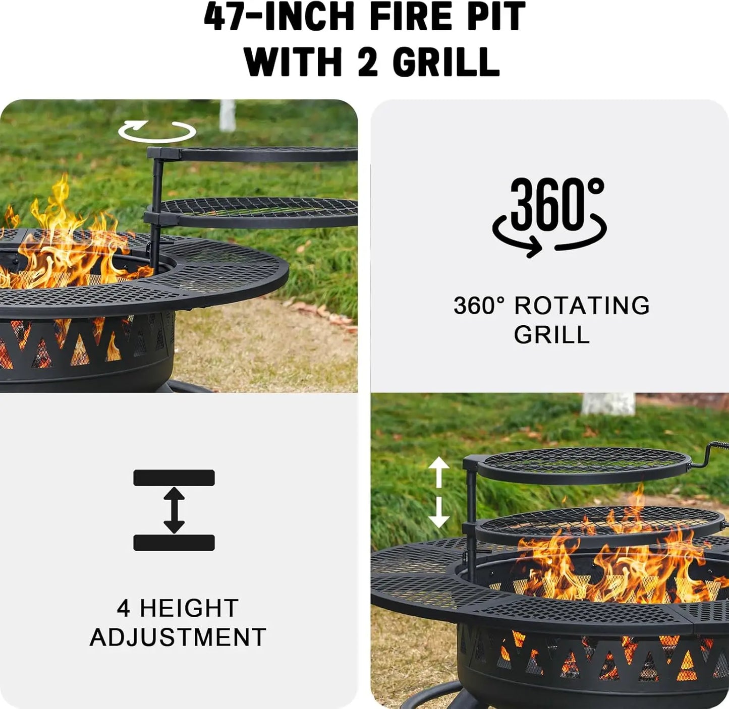 47Inch Fire Pit With 2Grills,Outdoor Extra Large Firepits For Outside,3-in-1 Round Metal Table With Lid