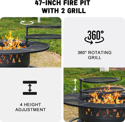 47Inch Fire Pit With 2Grills,Outdoor Extra Large Firepits For Outside,3-in-1 Round Metal Table With Lid