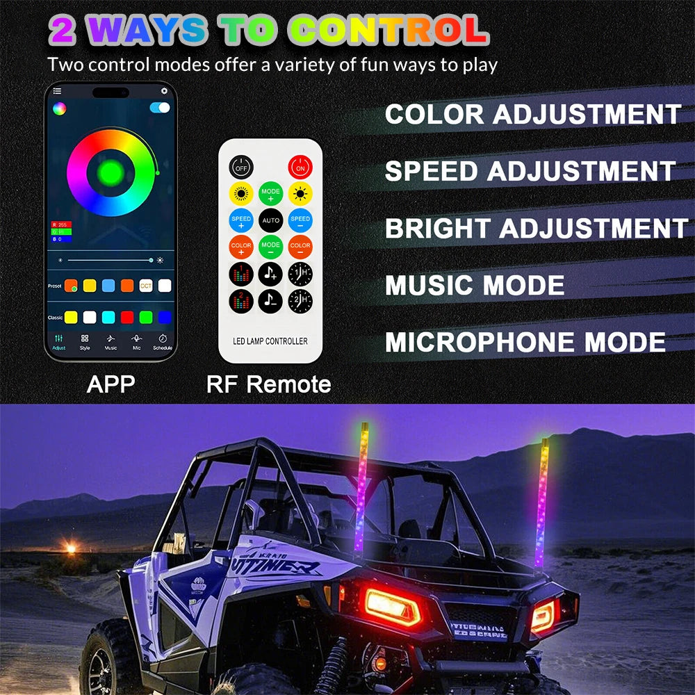 1FT LED Whip Lights APP Remote Control  UTV ATV OFF ROAD vehicles