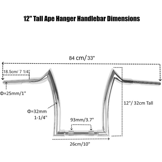 12" Rise 1.25" Chrome Ape Hanger Handlebar for Harley Sportster 883 1200 XL Softail FLST FXST Dyna, Road King 1994-2024