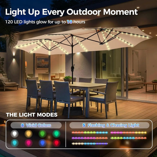 13ft Outdoor Patio Umbrella with Solar Lights,Pool Umbrella, Fade Resistant Canopy Beige
