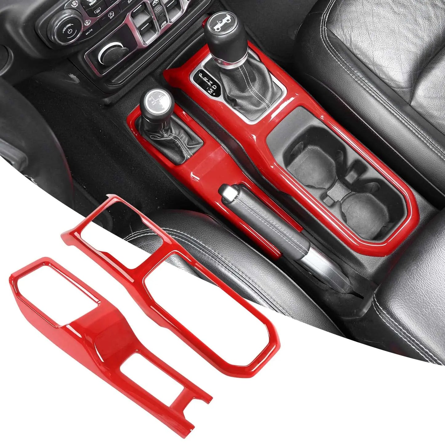 Red Glossy Center Console Trim Kit For Gear Shift And Cup Holder Area Compatible With Jeep JL JLU Gladiator JT 2018–2024