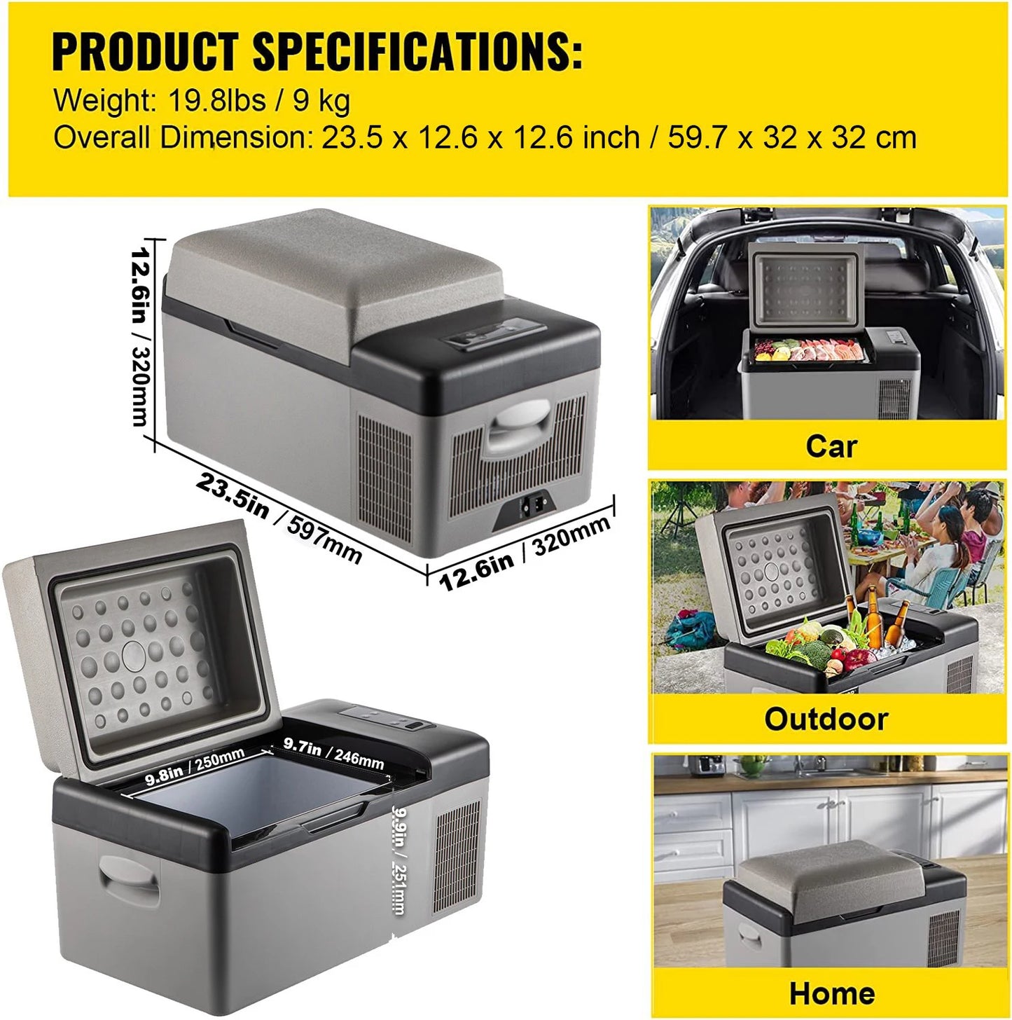 Car Refrigerator, 12V Car Fridge, -4℉-50℉ Adjustable Range,12/24V DC and 100-240V AC Compressor Cooler for Outdoor