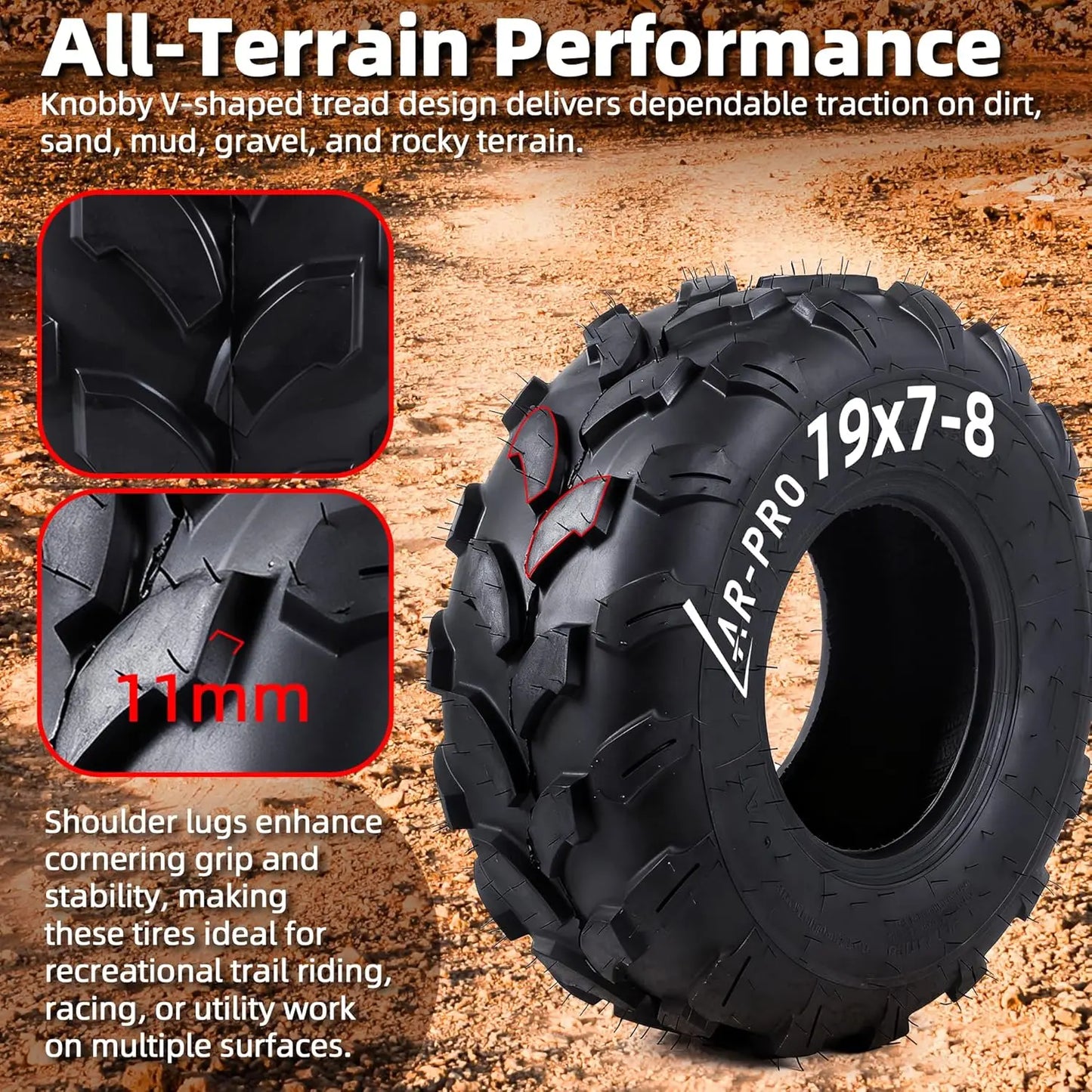 19x7-8 ATV UTV Tires, 4PR Tubeless Tires for Mini Bikes and Go Karts