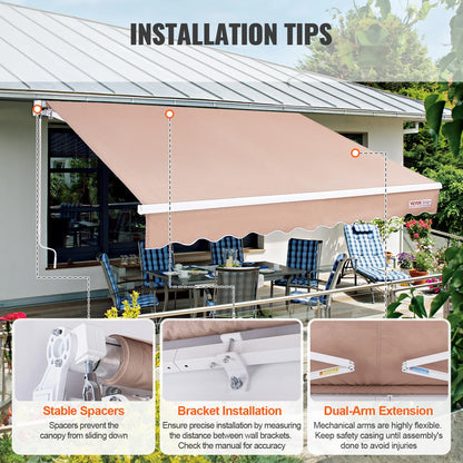 Manual Retractable Outdoor Awning Sun Shade Water-Resistant Polyester