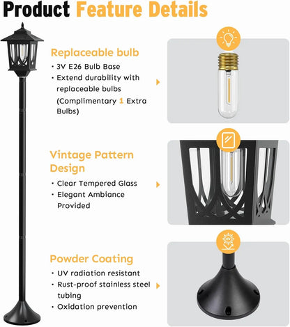 63" Solar Lamp Post Light 2 Pack, Waterproof Outdoor Lighting White Replaceable Bulb