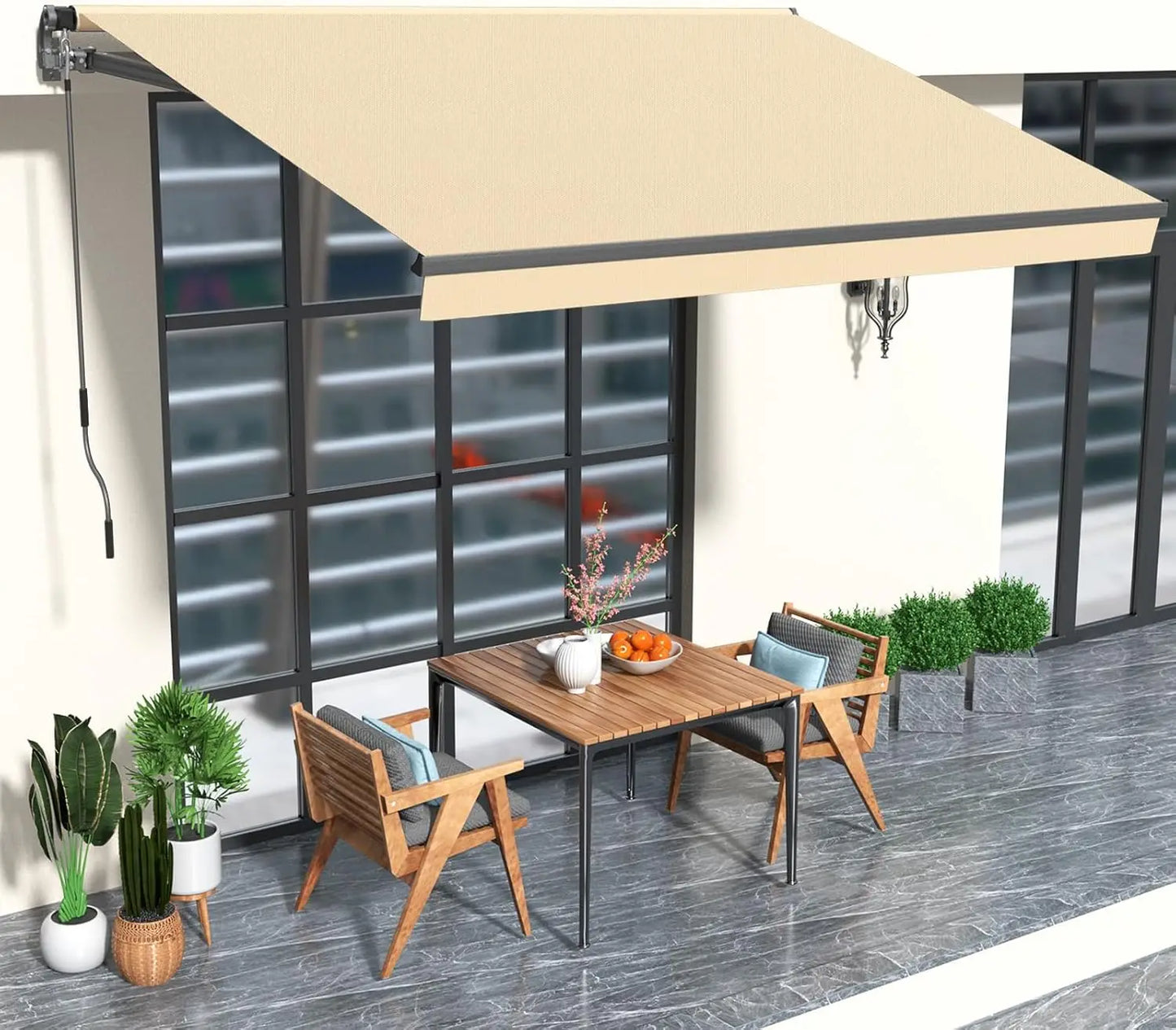 Manual Retractable Patio Awning, UV & Waterproof Polyester Cover, Aluminum Frame