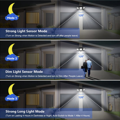 Outdoor Waterproof Solar Light with Motion Sensor 3-Head 200+ LEDs Security Light