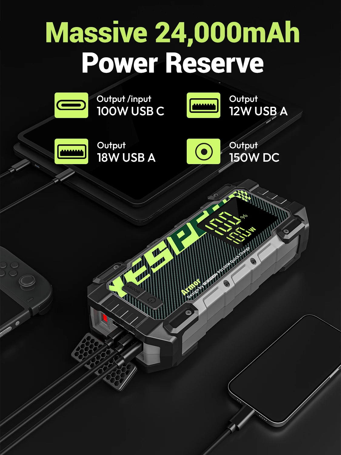 Heavy Duty Jump Starter for Diesel Truck SUV –Power Bank,  Gas Diesel, 3 Mode Light