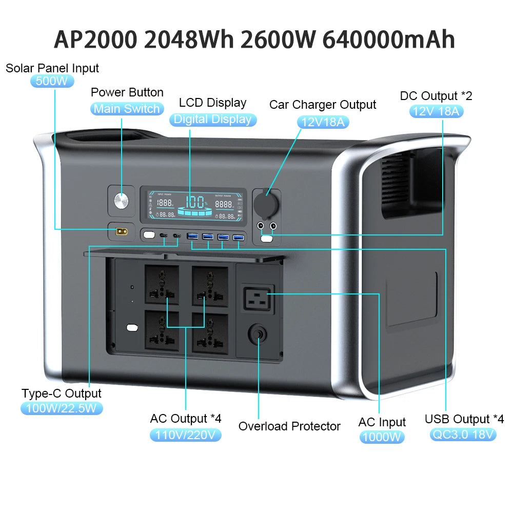 Portable Power Station Solar Generator 1000W 2000w 220V AC Outlets Power Flexible Solar Panel