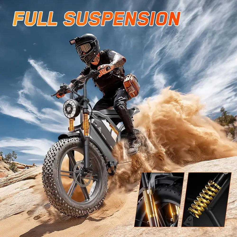 1500W Peak Electric Bike, 28 MPH, 60-100 Miles Range, 48V Battery Fat Tires, 7-Speed Suspension