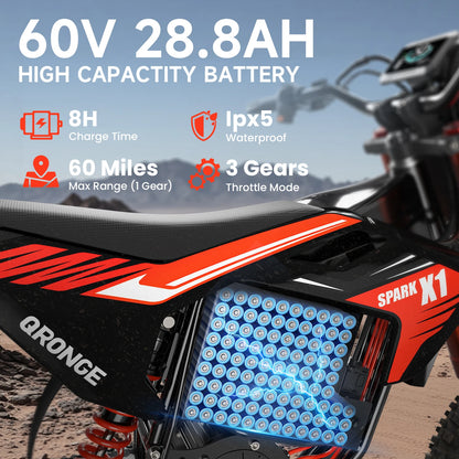 Spark Electric Dirt Bike for Teens Adults 4500W Peak Electric Motorcycle 60V 28.8Ah E-Dirt Bike 60 Mile Range E-Bike