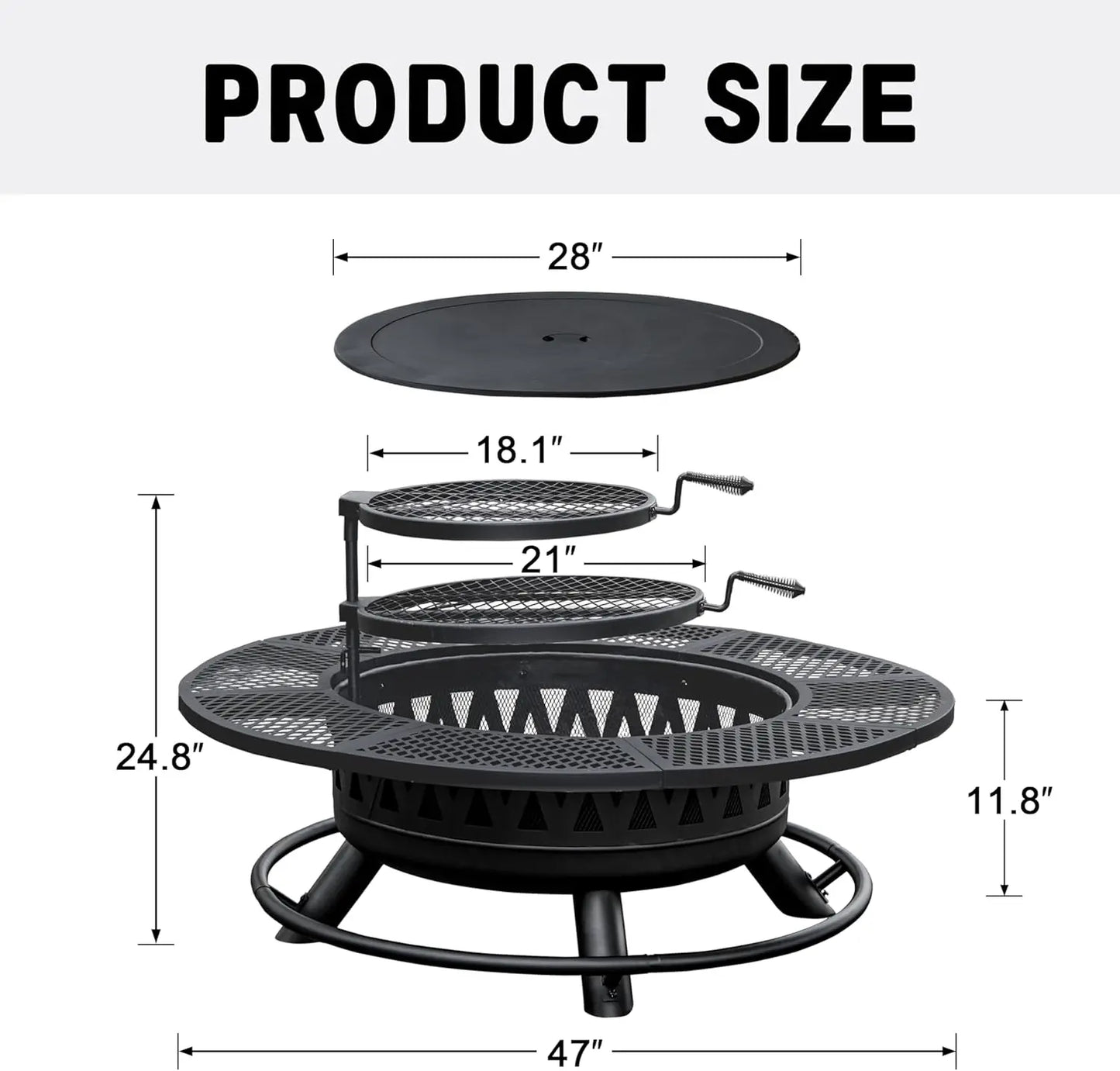 47Inch Fire Pit With 2Grills,Outdoor Extra Large Firepits For Outside,3-in-1 Round Metal Table With Lid