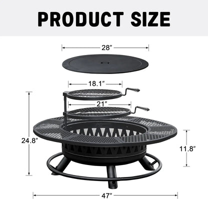 47Inch Fire Pit With 2Grills,Outdoor Extra Large Firepits For Outside,3-in-1 Round Metal Table With Lid