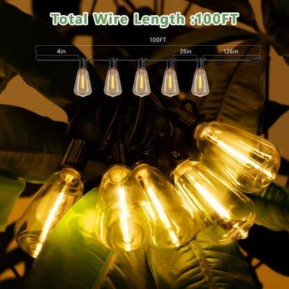 100FT Solar Outdoor String Lights IP65 Waterproof , Shatterproof Replaceable Bulbs, Remote Dimmable