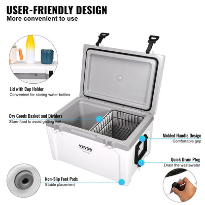 25/33/45/52QT Portable Hard Cooler Fully Insulated Ice Chest Cooling Box Goods Basket