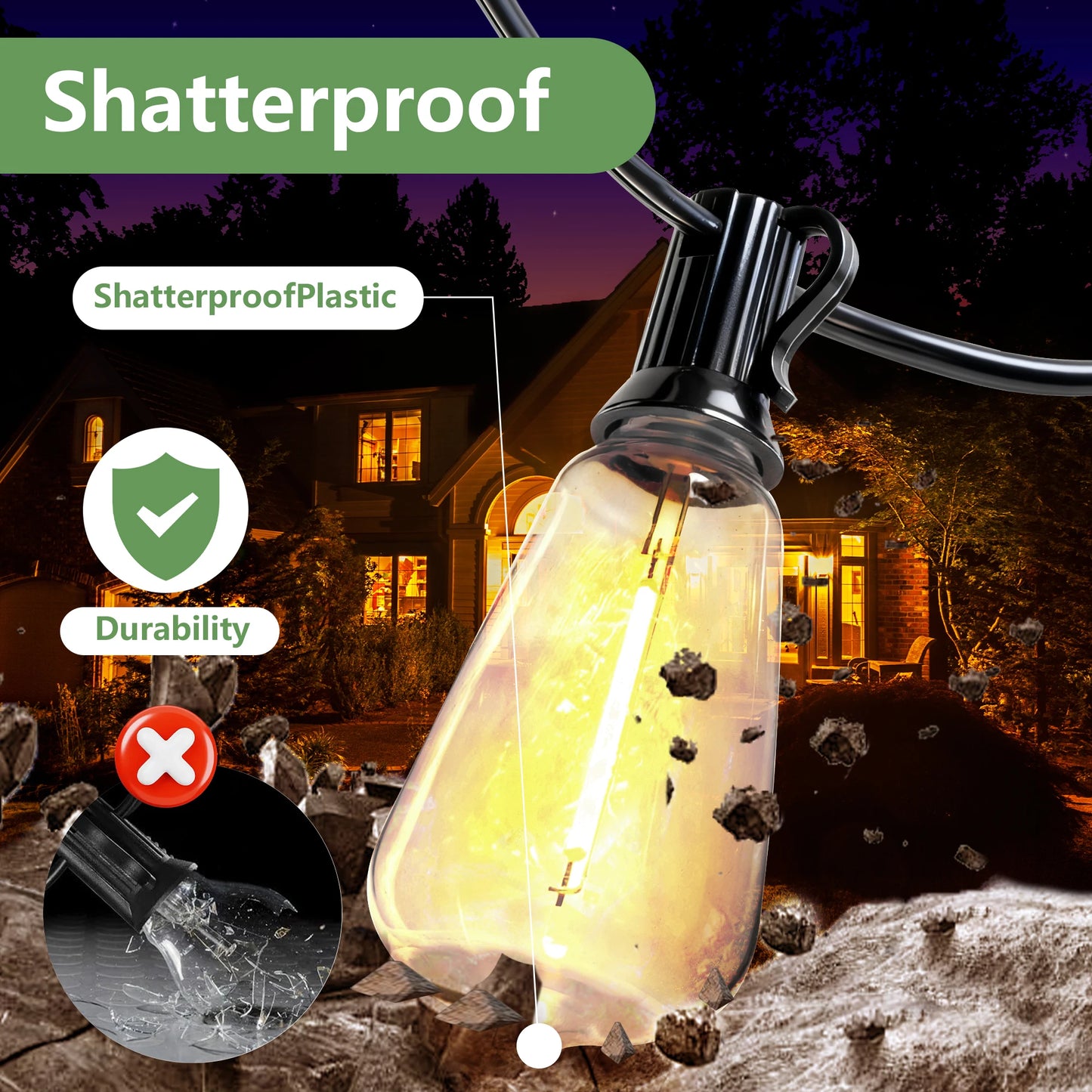 100FT Solar Outdoor String Lights IP65 Waterproof , Shatterproof Replaceable Bulbs, Remote Dimmable