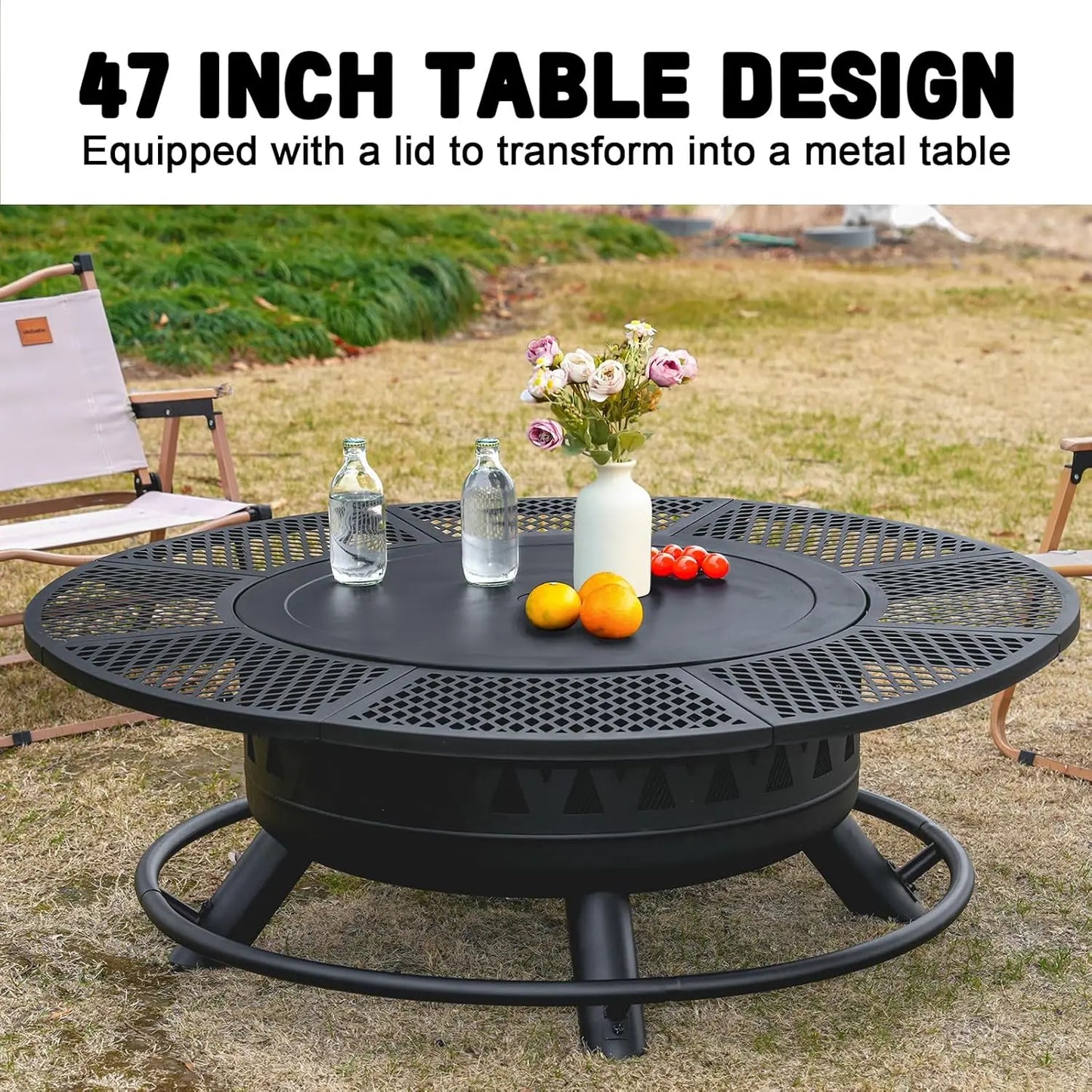 47Inch Fire Pit With 2Grills,Outdoor Extra Large Firepits For Outside,3-in-1 Round Metal Table With Lid