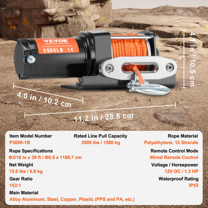 3500lbs Electric Winch ATV/UTV  Winch with 39 ft Synthetic Rope