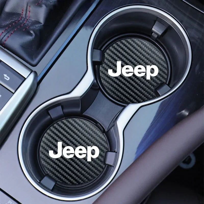 2Pcs  Carbon Leather Water Cup Pad Anti-noise Coaster Mat For Jeep