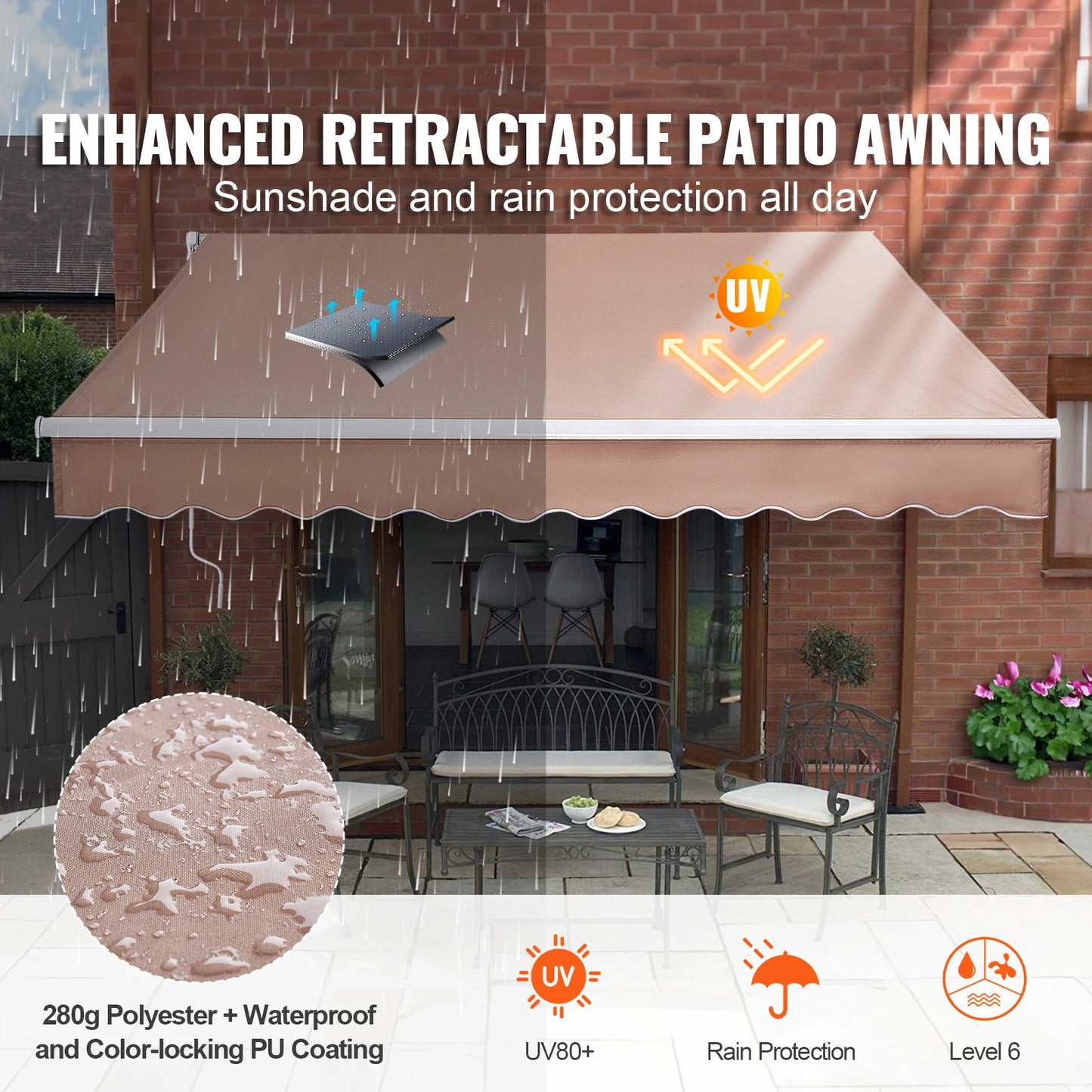 Manual Retractable Outdoor Awning Sun Shade Water-Resistant Polyester
