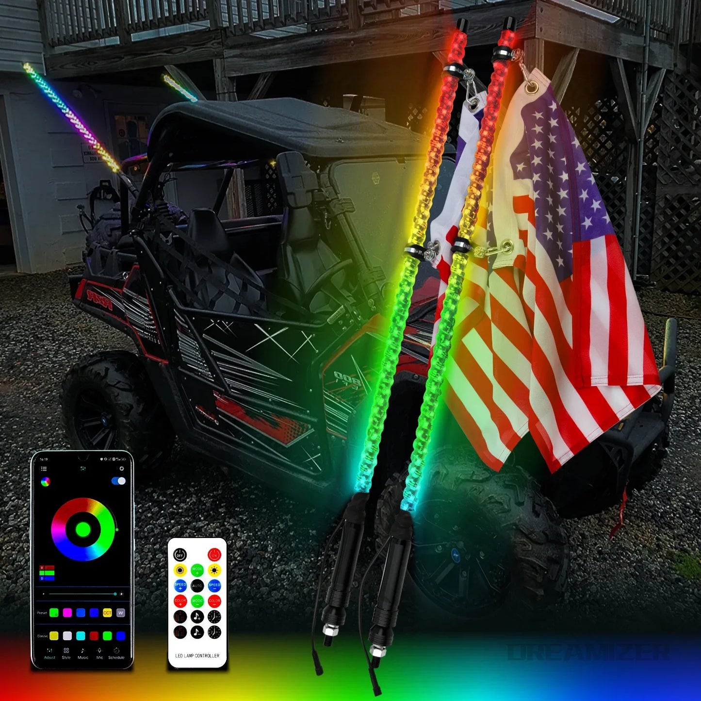 3FT LED Whip Light With App Remote Control Spiral  Whip Light for UTV ATV  Offroad Truck