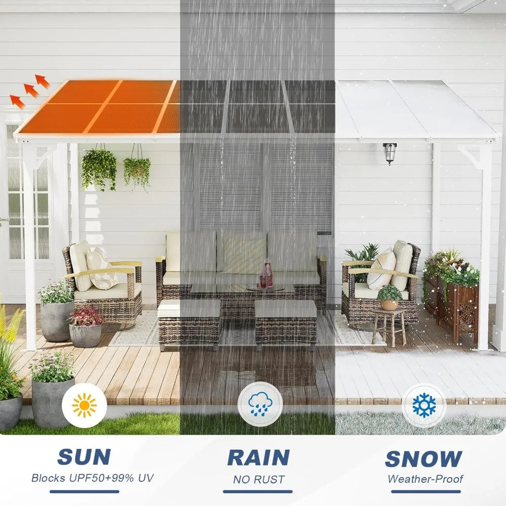 10' x 14' Wall Mounted Lean to Metal Awnings with Sloped Roof, White Outdoor