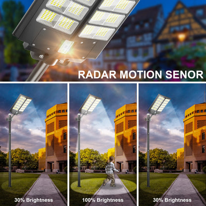 6000-watt waterproof solar street lights. Automatically turn on at dusk and are equipped with motion sensors. Suitable for comme