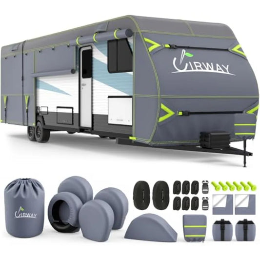 RV Cover 22-24ft Upgraded Waterproof Windproof Rip-Stop Heavy Duty Winter Camper Cover with 4 Tire Covers Tongue Jack