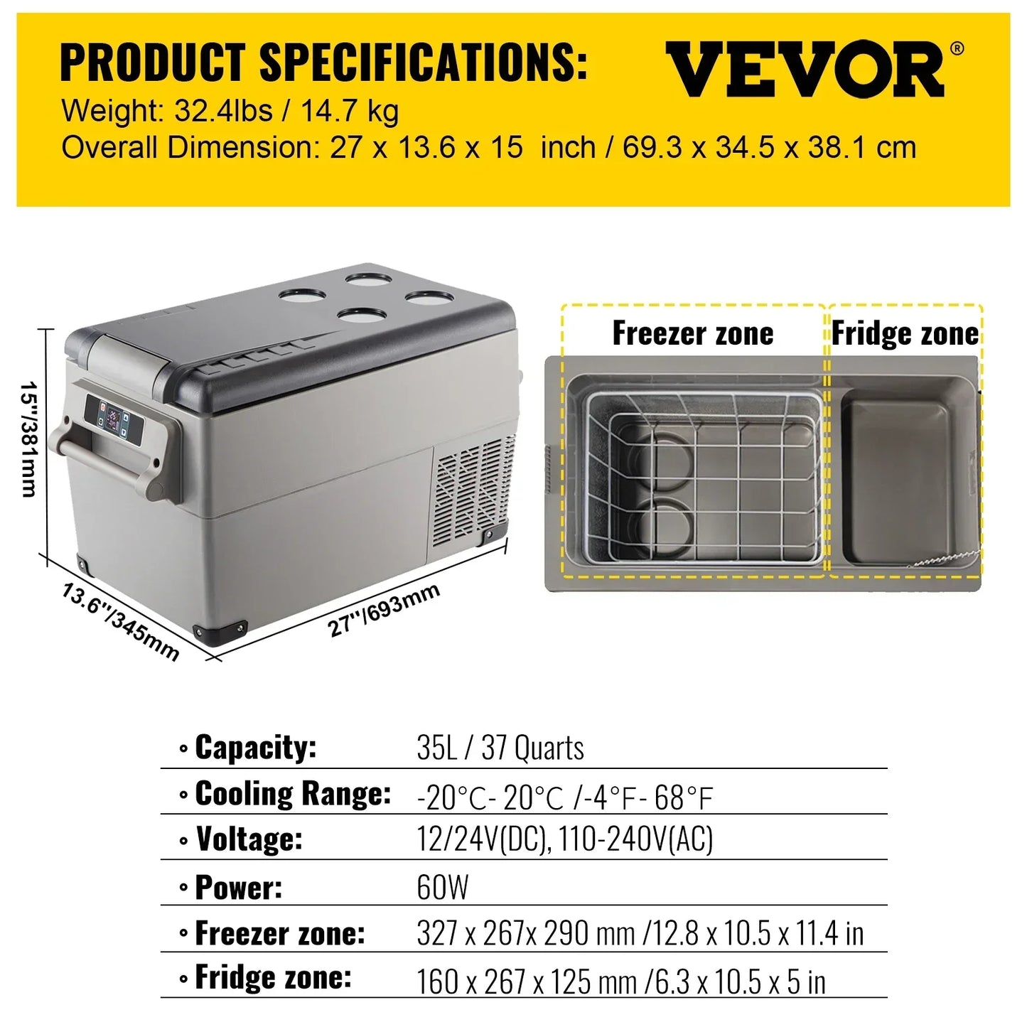 Car Refrigerator, 12V Car Fridge, -4℉-50℉ Adjustable Range,12/24V DC and 100-240V AC Compressor Cooler for Outdoor