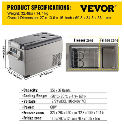 Car Refrigerator, 12V Car Fridge, -4℉-50℉ Adjustable Range,12/24V DC and 100-240V AC Compressor Cooler for Outdoor