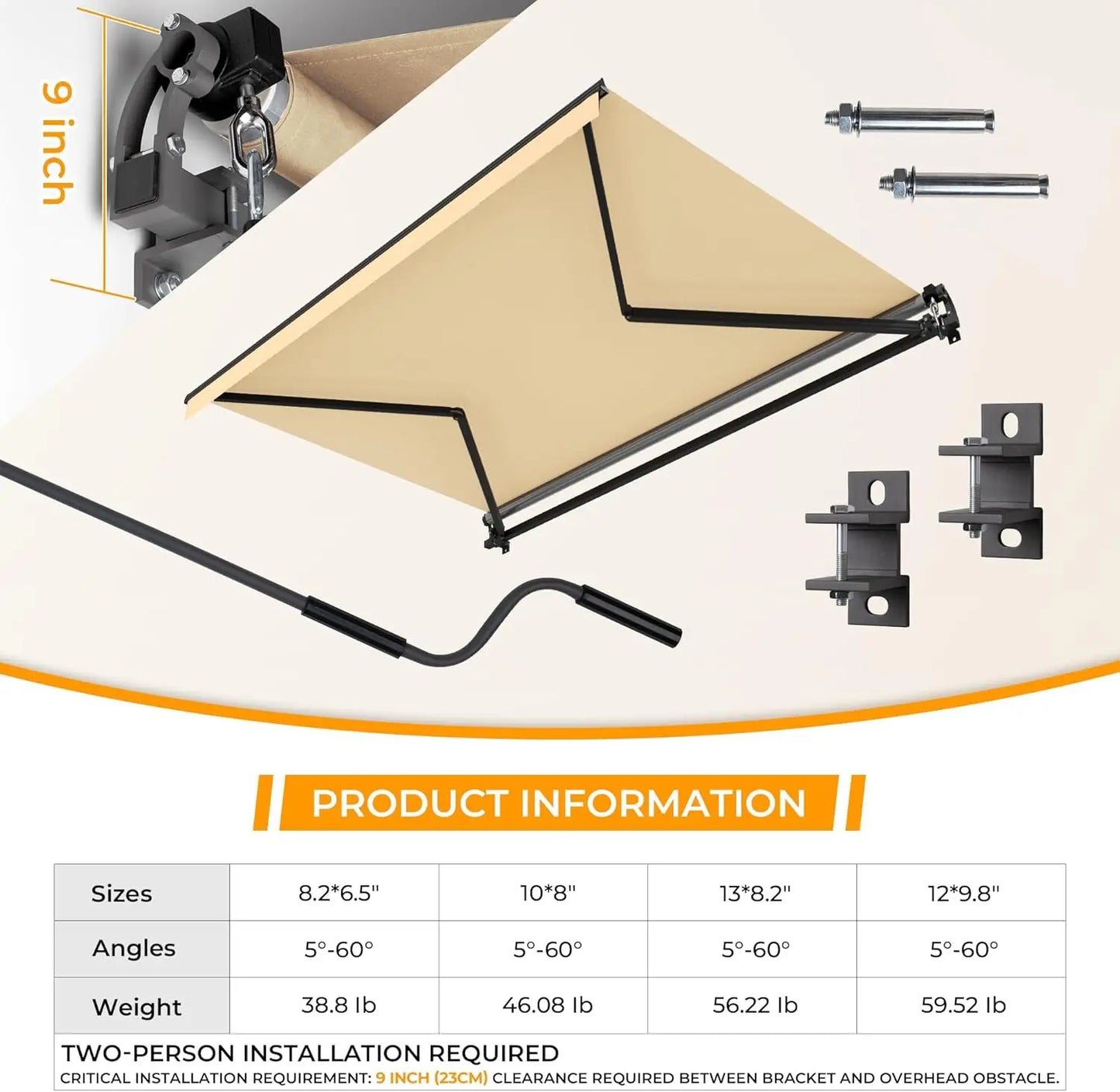 Manual Retractable Patio Awning, UV & Waterproof Polyester Cover, Aluminum Frame