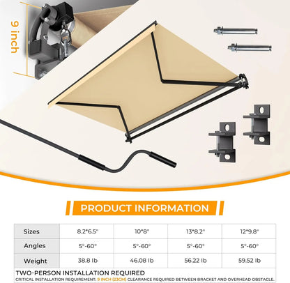 Manual Retractable Patio Awning, UV & Waterproof Polyester Cover, Aluminum Frame