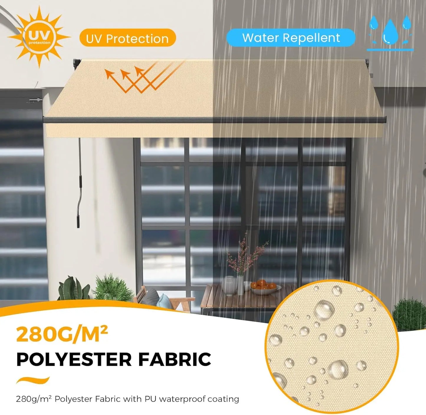 Manual Retractable Patio Awning, UV & Waterproof Polyester Cover, Aluminum Frame