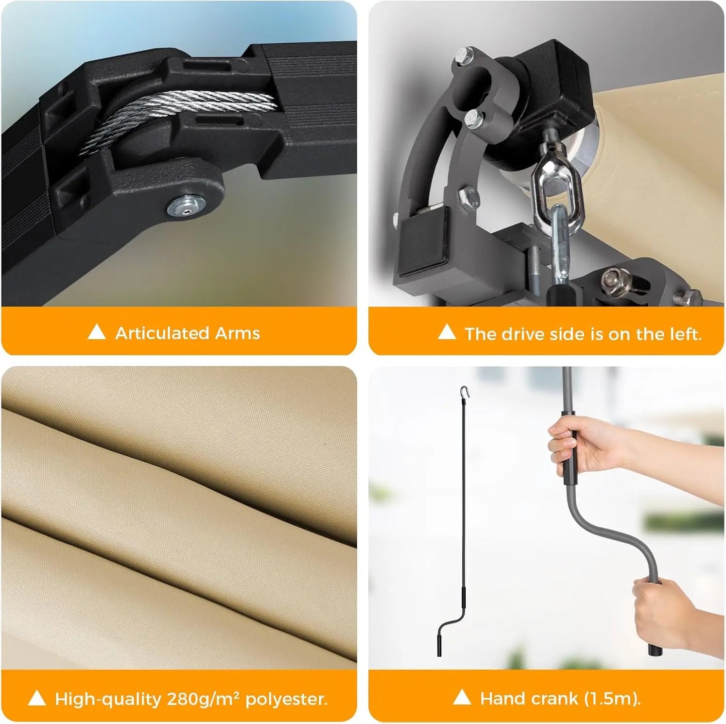 Manual Retractable Patio Awning, UV & Waterproof Polyester Cover, Aluminum Frame