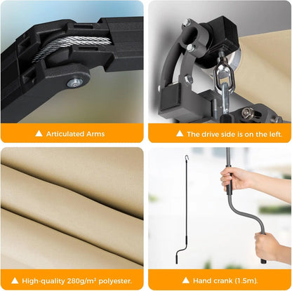 Manual Retractable Patio Awning, UV & Waterproof Polyester Cover, Aluminum Frame