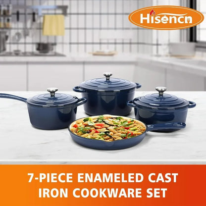 Enameled Cast Iron Cookware Set - 7 Piece Set of Dutch Ovens, Sauce Pan, Skillet, 3 Lids, Dutch Oven Set, Ceramic Coated