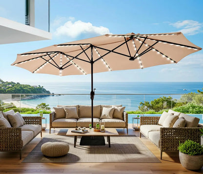 13ft Outdoor Patio Umbrella with Solar Lights,Pool Umbrella, Fade Resistant Canopy Beige