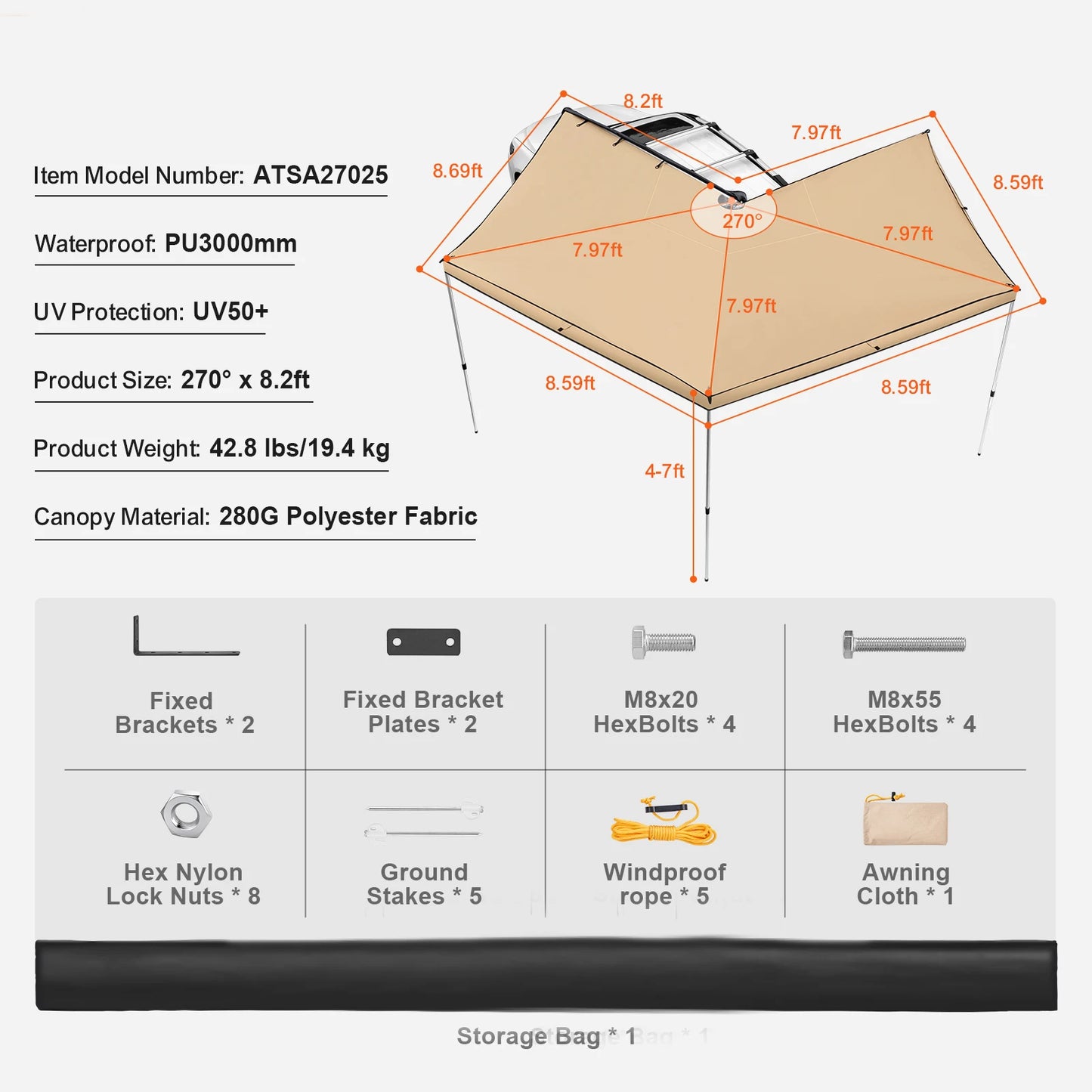Vehicle  Retractable Car Side Awning Car Waterproof Storage Bag  Suitable for Truck SUV Van Campers
