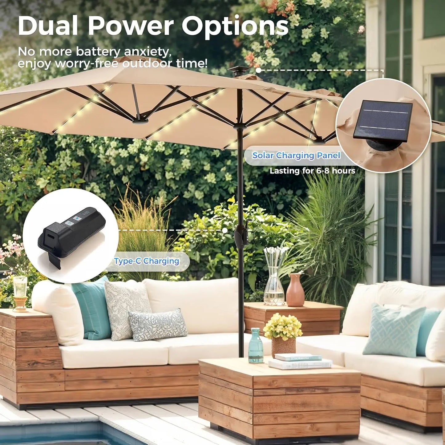 13ft Outdoor Patio Umbrella with Solar Lights,Pool Umbrella, Fade Resistant Canopy Beige