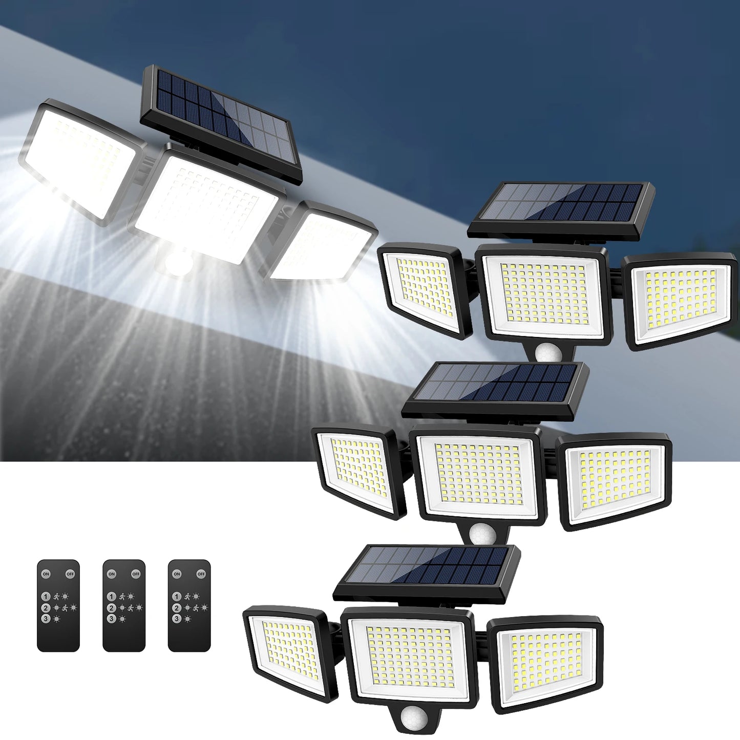 Outdoor Waterproof Solar Light with Motion Sensor 3-Head 200+ LEDs Security Light
