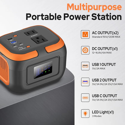 120W Portable Power Station 97.6Wh Power Bank with AC Outlet/USB C/LED Light for