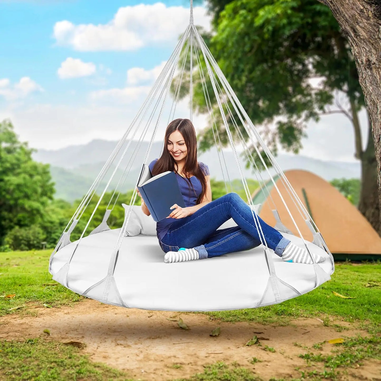 56" Cotton Hanging Swing Chair with Pillow - Indoor/Outdoor-Easy Setup